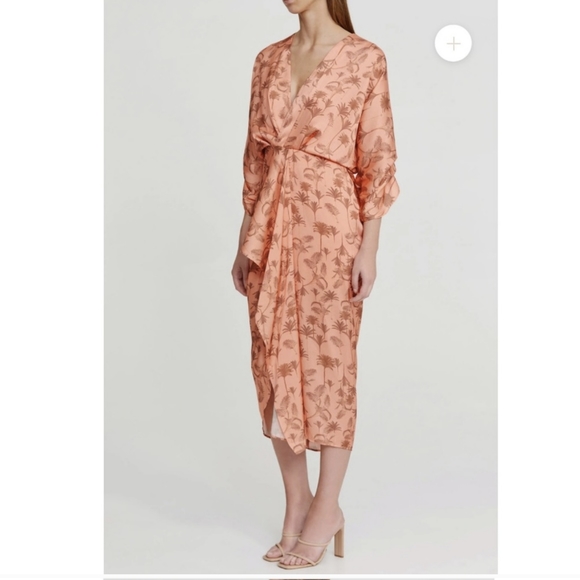 Significant Other Tropical Print Sunset Satin Midi Dress Draped Plunging - Picture 2 of 14